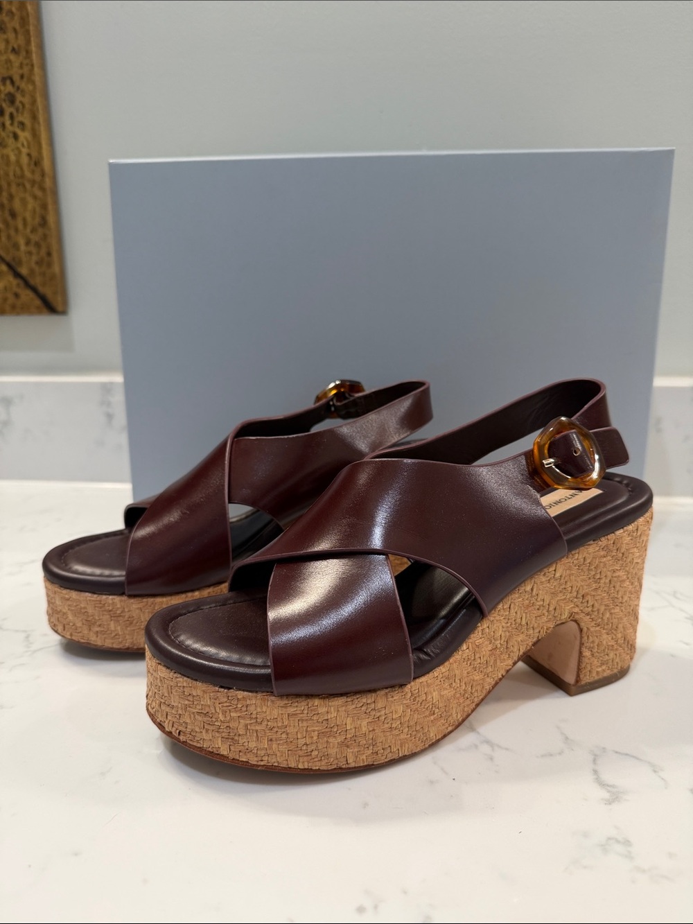 ANTONIO MELANI Brown Leather Platform Sandals with Cork Heel